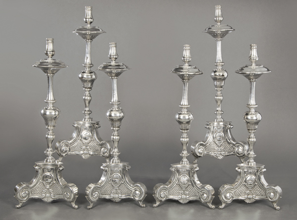 Juego de seis candeleros de altar en plata española Vicente Machuca y Manuel Alonso Rodriguez, Valladolid 1819? . Subasta de antiguedades