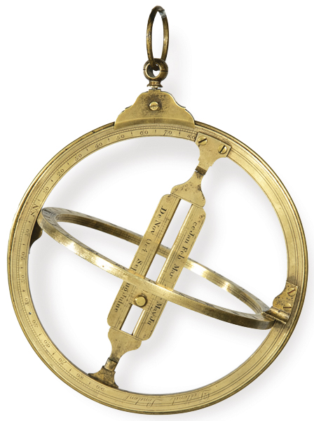Reloj de sol equinoccial universal de latón dorado, Dollond, Londres S. XIX. Con anillo plegable. Firmado.