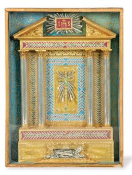 Lote 1426: Relicario jesuíta enmarcado de S. Adeodati mártir en madera, tela, pápel metalizado, España ff. S. XIX.