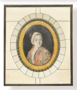 1443   -  Lote 1443: Escuela Francesa S. XIX
"Mujer con Turbante"
Miniatura ovalada pintada al gouache