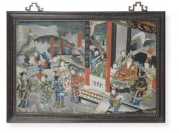 Lote 1582-a: Pintura china bajo cristal con escena cortesana de personajes en un pabellón, con marco de madera. Dinastía Qing. S. XIX.