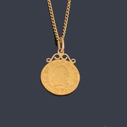 Lote 2358: Cadena con colgante en forma de moneda realizados en oro amarillo de 18K.