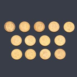 Lote 2461: 13 Monedas (arras) de Alfonso XII, 25 pesetas en oro de 22 K.