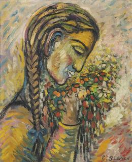 Lote 557: EULOGIO BLASCO - Mujer con ramo de flores