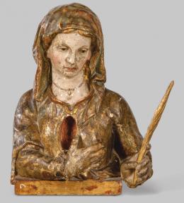 Lote 1219: Escuela Castellana S. XVI
"Santa Gertrudis"
Busto relicario de madera tallada, dorada, con policromía a pulimento