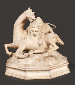 1056   -  Lote 1056: Leon atacando a un caballo. Terracota de Joaquín Ferrer, 1789. Modelo de barro realizado por Joaquín Ferrer inspirado en una escultura de bronce realizada por Antonio SUsini, 1580 (ca.) siguiendo modelo de Giovanni Bologna (1529-1608)