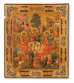Lote 1097: Icono ruso pintado sobre tabla con la Trinidad de Jerusalem