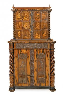Lote 1196: Cabinet indo - holandes de dos cuerpos en madera de ébano y marquetería en maderas finas. S. XX