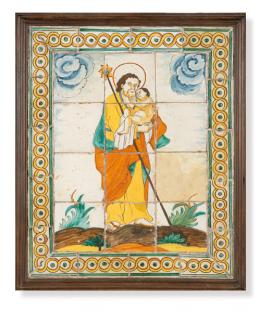 1233   -  Lote 1233: "San José".Conjunto de doce azulejos en loza estannífera blanca polícroma decorada en azul, negruzco, amarillo claro, verde y naranja. Se enmarca en una orla de lazos.
Valencia, finales S. XVIII