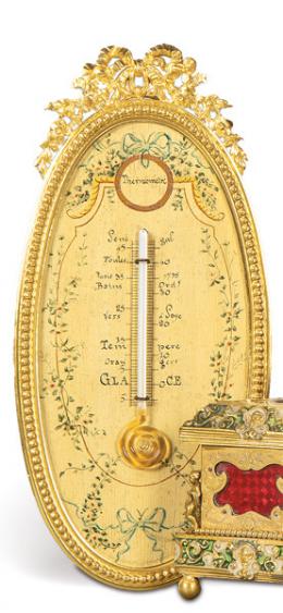 Lote 1240: Barómetro de mesa Napoleón III de bronce dorado y madera pintada, Francia S. XIX.