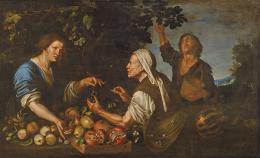 101   -  Lote 101: ANÓNIMO FLAMENCO-GENOVÉS S. XVII - Escena de mercado con vendedora de fruta, anciana con caracoles y joven recogiendo higos