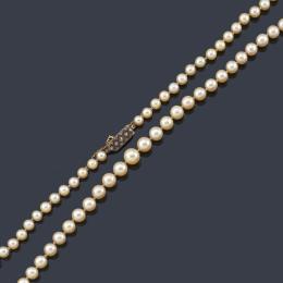Lote 2458: Collar de perlas de aprox. 9,50 mm - 6,00 mm con broche rectangular en oro amarillo de 18K y vista en plata.