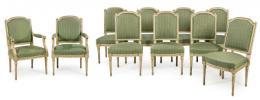 Lote 1048: Conjunto de ocho sillas y dos butacas estilo Luis XVI en madera tallada y lacada en blanco.
S. XX