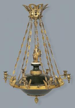 1055   -  Lote 1055: Lámpara de techo estilo Imperio, en forma de lámpara de aceite romanas en bronce pavonado, con brazos de luz cortos en forma de cisnes en bronce dorado. Finales S. XIX