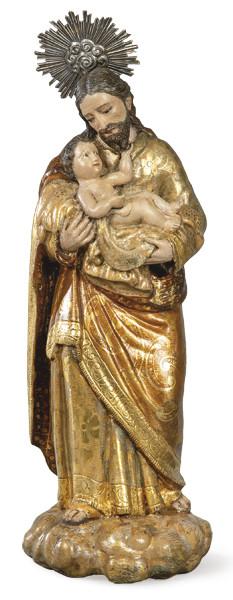 Lote 1093: "San José con el Niño" en madera tallada, policromada y dorada, Escuela Españoa S. XVIII.