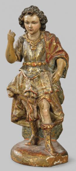 1109   -  Lote 1109: Escuela Colonial Quiteña S. XVII
"Angel"
Pequeña escultura de madera tallada, policromada, dorada y  estofada.