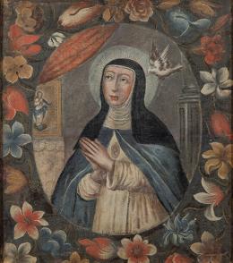 Lote 69: ESCUELA ESPAÑOLA FNS. S. XVIII - Maria Jesús de Ágreda en orla de flores