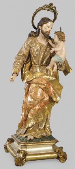 1227   -  Lote 1227
Escuela Colonial Peruana ff. S. XVII
"San José con el Niño"
Escultura de madera tallada, policromada, dorada y estofada.