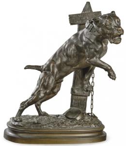 Lote 1276: Escultura de perro de bronce atado a un poste "prenez garde au chien". Firmado por Prosper Lecoutier (1855-1924). Francia, 1878.