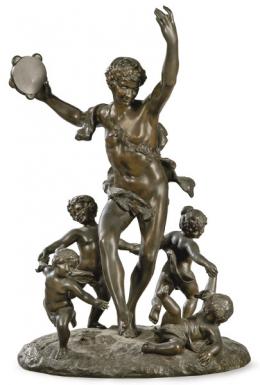 Lote 1278: Escultura en bronce patinado de Fauno tocando la pandereta y danzando entre amorcillos. Firmado por Emile Pfister. Francia, ffs. S. XIX.