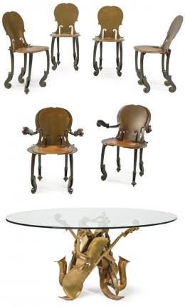 Lote 1330
Fernandez ARMAN (1928-2005)
Conjunto de cuatro sillas, dos butacas y mesa de comedor en bronce patinado, cristal y cuero.