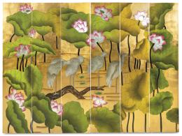 Lote 1374: Biombo chino lacado  y dorado, de seis hojas. S. XX.