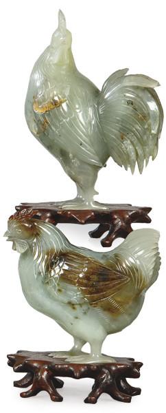 1390   -  Lote 1390
Pareja de gallo y gallina tallados en ágata. China, S. XX.