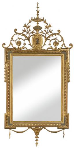 1475   -  Lote 1475: Marco de espejo Carlos IV en madera tallada, calada y dorada, sobre fondo verde.
España, finales S. XIX