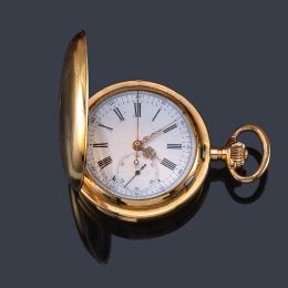 Lote 2513: Reloj saboneta sonería a cuartos con caja en oro rosa de 18 K.