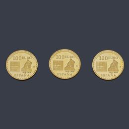 Lote 2572: 3 Monedas 200 años del Museo del Prado en oro de 24 K con estuche y certificados.