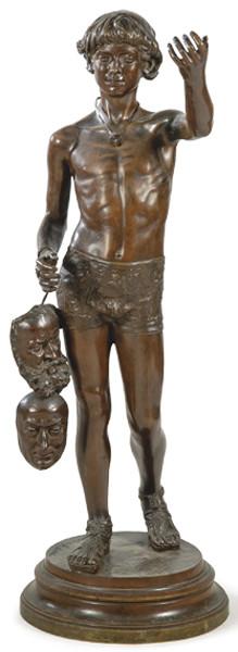 Lote 1040: Escultura en bronce patinado de "el mercader de máscaras". Firmado por Zacharie Astruc (1835-1907). Francia, 1883.