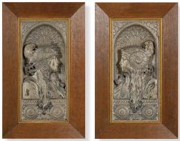 Lote 1146: Pareja de paneles de metal Art Nouveau con perfiles femeninos tipo Mucha h. 1900.