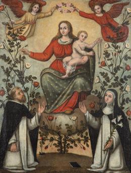 Lote 61: ESCUELA ESPAÑOLA S. XVII - La Virgen del Rosario rodeada de santos dominicos