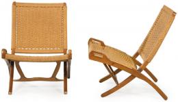 Lote 1282: Pareja de sillas plegables, diseñadas por Ebert Wels y fabricadas en el Reino Unido, años 60. Estas sillas fueron realizadas para plegarse y guardarse fácilmente. Estructura de haya teñida, asientos y respaldo de cuerda trenzada.