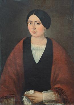 Lote 78: ESCUELA ESPAÑOLA S. XIX - Retrato de dama con chal rojo