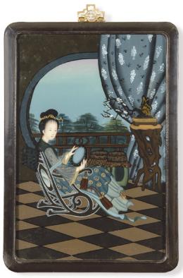 Lote 1377: Pintura china bajo cristal "Mujer con Espejo", ff S. XIX pp. S. XX
