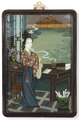 Lote 1378: Pintura china bajo cristal "Mujer con Incensario"