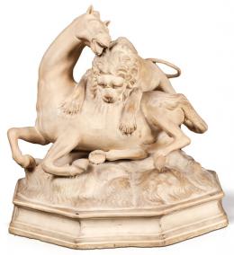 Lote 1439: Leon atacando a un caballo. 
Terracota de Joaquín Ferrer, 1789. Modelo de barro realizado por Joaquín Ferrer inspirado en una escultura de bronce realizada por Antonio Susini, 1580 (ca.) siguiendo modelo de Giovanni Bologna (1529-1608)