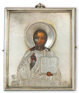 Lote 1471: Pequeño icono ruso pintado sobre madera con funda de plata punzonada Ley 84 zolotniks, Moscú del marcador AM