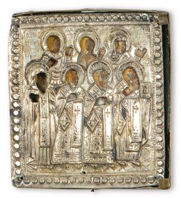 Lote 1474: Icono ruso de viaje pintado sobre madera con funda de plata punzonada, San Petersburgo 174?