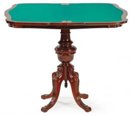 Lote 1526: Mesa de juego estilo regencia, sobre pedestal torneado y patas cabriolé.
S. XX