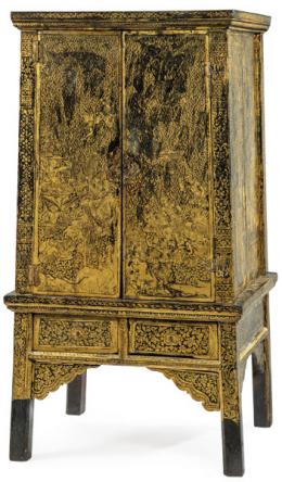 Lote 1478: Armario para manuscritos de madera de teca lacada y dorada, con la técnica Lai Rod Nam, Tailandia S. XIX.