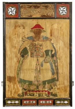Lote 1487: Gran panel de madera pintada chino con Dignatario sentado S. XIX