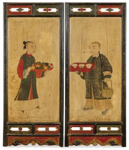 Lote 1488: Pareja de paneles de madera pintada con personajes de servicio China S. XIX