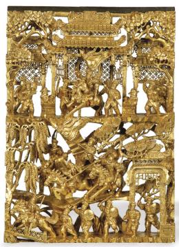Lote 1516: Panel de templo chino de madera tallada y dorada, Dinastía Qing S. XIX.