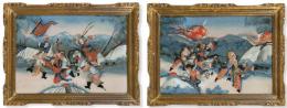 Lote 1522: "Escenas de Batalla". Pareja de pinturas chinas bajo cristal, Dinastía QIng, S. XIX.