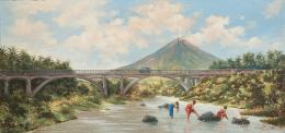 Lote 0155
ESCUELA FILIPINA S. XX - Lavanderas frente al volcán Mayón