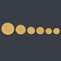 Lote 2666: 6 Monedas conmemorativas "150 años de la desaparición de los escudos" en oro de 24 K. Con estuches y certificados.