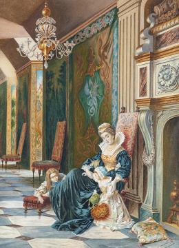 Lote 33: ESCUELA ALEMANA S. XIX - Escena palaciega con dama y dos niños