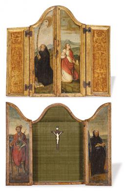 Lote 0054
ESCUELA CASTELLANA S. XVI - Tríptico con donante, Santa María Magdalena, San Félix mártir y santo noble
